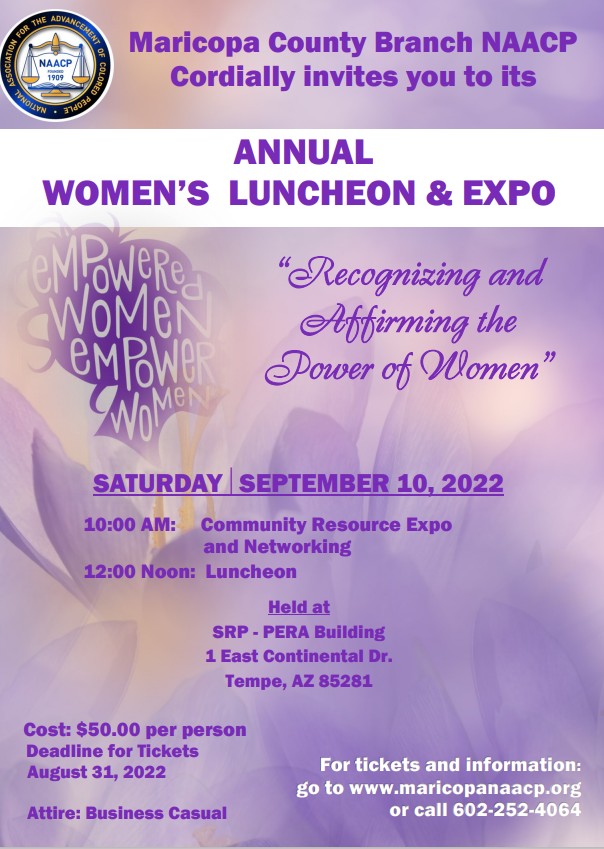 Maricopa County Branch-NAACP Presents Women’s Luncheon and EXPO in Tempe on September 10