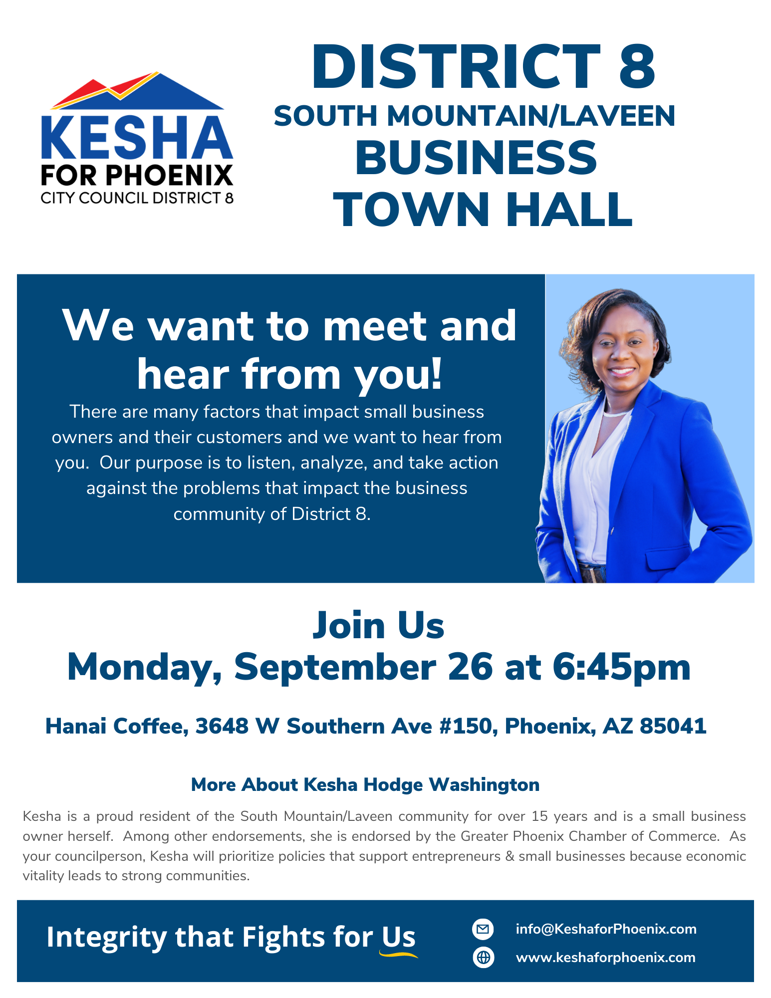 City Council Candidate Kesha Hodge Washington to Host Laveen / South Mountain Business Town Hall on September 26